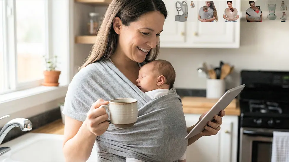 Sling ou canguru: como escolher o carregador ideal e ajustar com ergonomia (2026)
